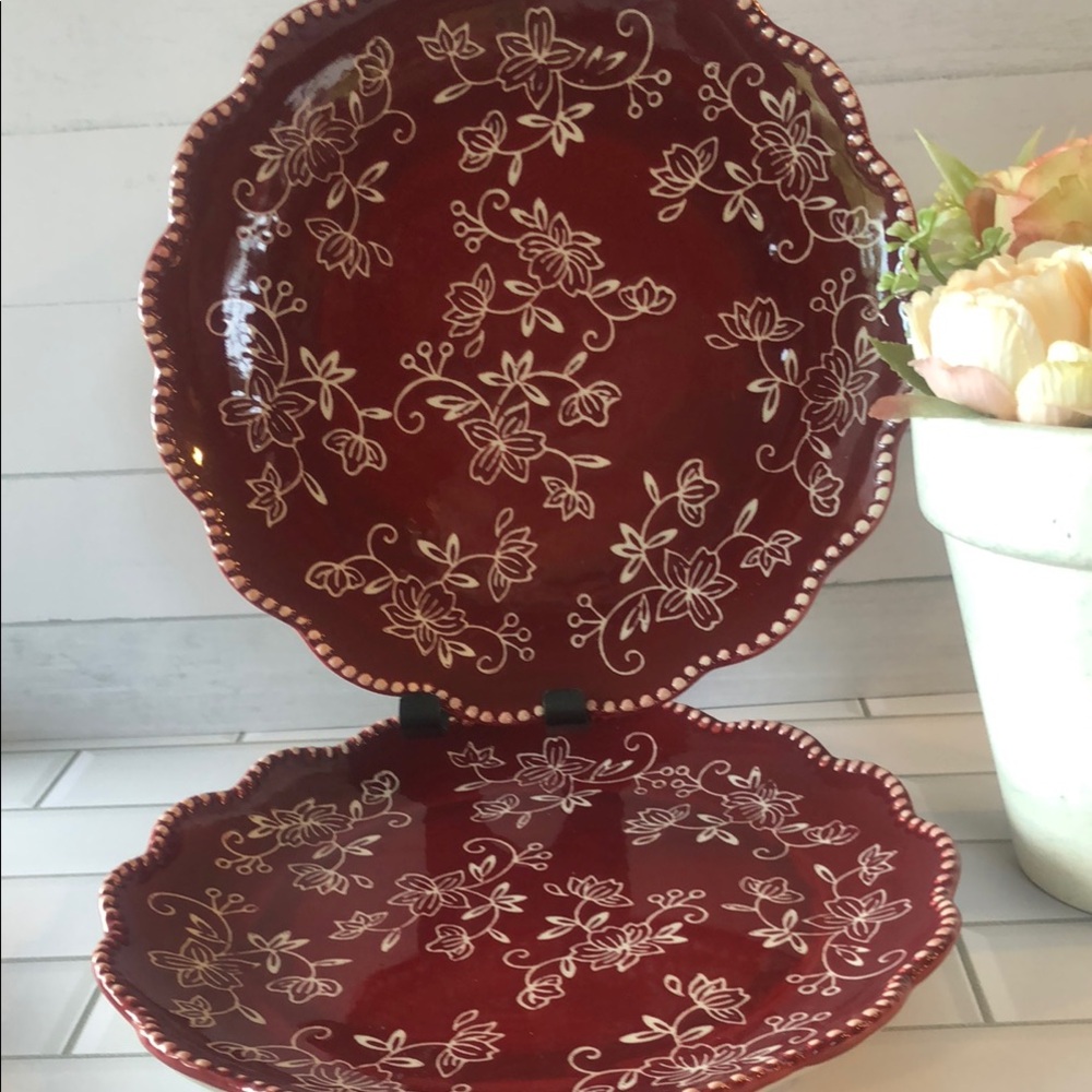 Decorative Red Floral Scalloped Ceramic Serving Plate - Set of 2